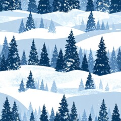 Fototapeta premium Serene Winter Landscape with Blue Tinted Trees on Snowy Hills Seamless Pattern