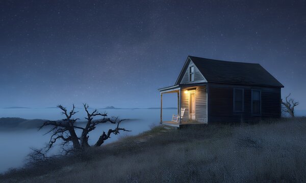 Night scene of a rustic cabin on a hill overlooking a foggy valley under a starry sky - Powered by Adobe