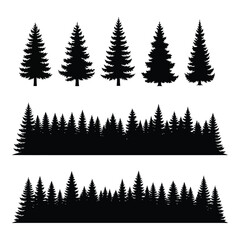 Obraz premium Vector art of a collection of evergreen tree silhouettes creating a dense forest landscape design element