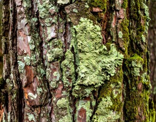 Fototapeta premium Close Up of Tree Bark with Green Moss and Lichen in Natural Light and Wood