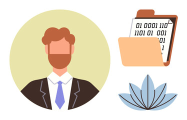 Businessman in formal attire, data folder with binary code, and lotus flower trifecta. Ideal for business, technology, mindfulness, work-life balance, digital management, corporate identity simple
