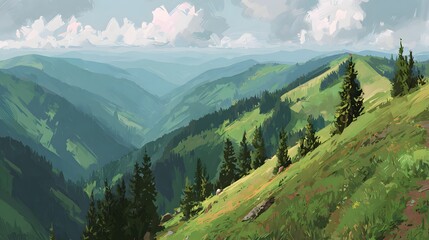 Fototapeta premium Lush green valley nestled amongst rolling hills.