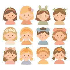 Fototapeta premium Girls’ Facial Expression Illustration Set, Cute Emotion Icons for Kids Education