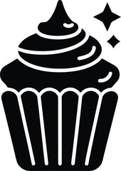 Black silhouette of a cupcake with swirled frosting and sparkling stars dessert sweet