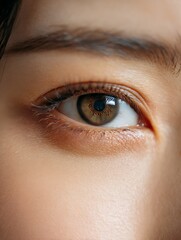 Obraz premium Close-up of an Asian woman's natural eye with no makeup. Gentle soft lighting highlights her smooth skin and natural lashes.