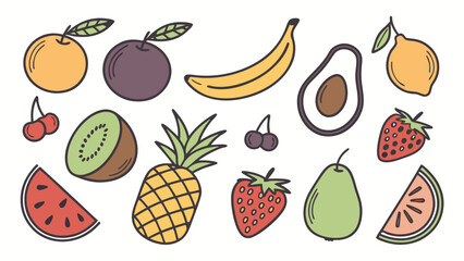 "Flat vector icon set of colorful fruits, including apple, banana, orange, grape, strawberry, watermelon, coconut, avocado, lemon, pear, pineapple, kiwi, mango, cherry, peach, fig, papaya. Each fruit 