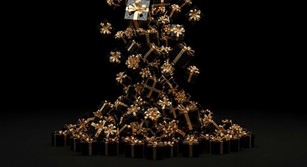 Photo of a cascade of luxurious golden gifts falling into a pile creating a festive and celebratory atmosphere