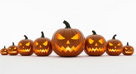 Photo of illuminated jack o lanterns lined up for a festive halloween celebration with spooky carved faces