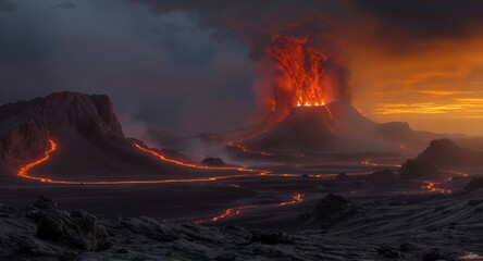 Fototapeta premium Volcanic Eruption Landscape at Sunset Fiery Lava Flows and Dramatic Sky