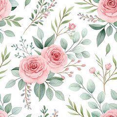 "Seamless floral pattern with watercolor roses and eucalyptus leaves in soft dusty pinks and greens. Romantic and timeless design for wedding cards."
