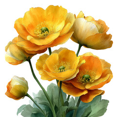 Naklejka premium A watercolor painting of several yellow poppies with green stems and leaves isolated on transparent background