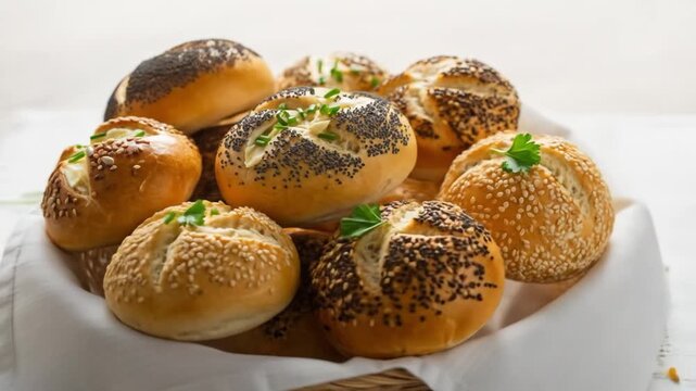 A basket overflowing with freshly baked, assorted bread rolls, ready to eat.