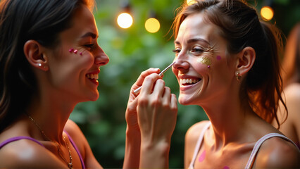 Close-up of Friends Applying Biodegradable Glitter at an Eco-Conscious Party