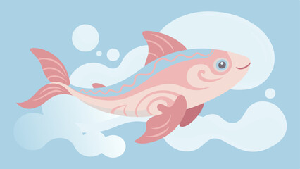 Fototapeta premium Dreamy Splash An illustration showing a large whimsical fish with intricate patterns swimming lazily a soft swirling clouds. Below a calm lake reflects the pastel colors of the sky
