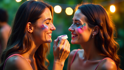 Close-up of Friends Applying Biodegradable Glitter at an Eco-Conscious Party