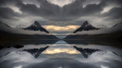 Fototapeta premium Symmetrical snow-capped mountain peaks mirrored in still water under dramatic sky