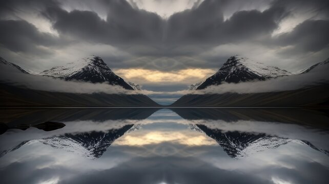 Symmetrical snow-capped mountain peaks mirrored in still water under dramatic sky
