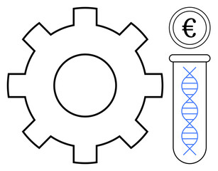 Gear, DNA strand in test tube, and coin with Euro sign explore biotech research, innovation, finance, and engineering. Ideal for biotechnology, genetics, investment tech advancement science