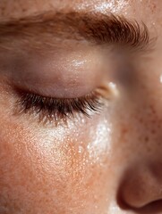 Close-up of an eye surrounded by dewy skin, with natural lashes subtly catching the light. Fresh, moisturized look.