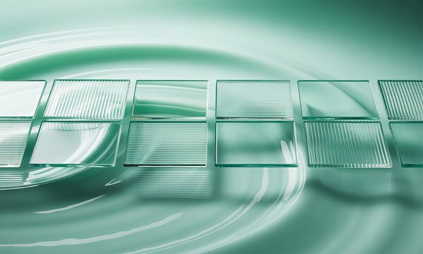 Abstract Transparent Glass Panels with Textured Ribs on Serene Aqua Green Wave Background Mode