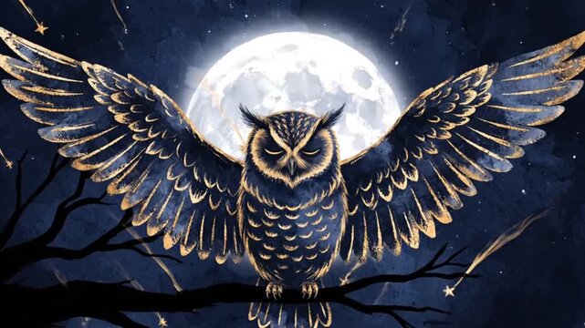 Black Owl Flying in Front of a Full Moon