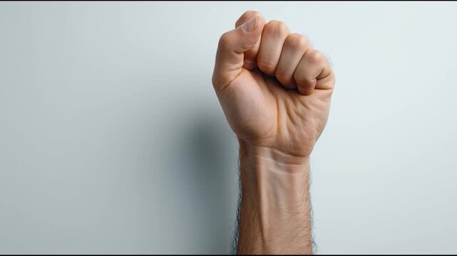 A clenched fist raised against a neutral background