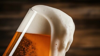 Close-up shot of a tilted glass of beer with overflowing foamy head against a blurred wooden background. - Powered by Adobe