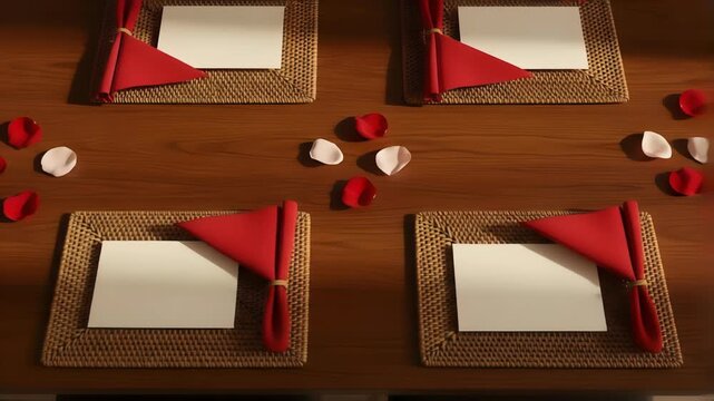 Overhead view of a wooden table set for a romantic dinner featuring woven placemats red napkins and scattered rose petals with soft sunlight creating shadows.