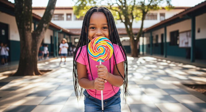 A young girl holding a colorful lollipop in front of a school building on a sunny day smiling