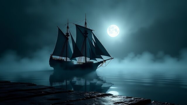 Ship sailing on misty sea at night