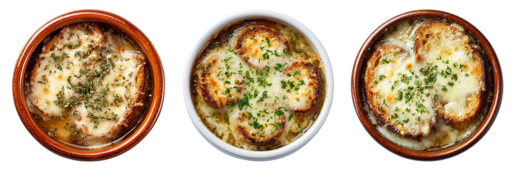 Set of French onion soup with melted cheese and herbs in bowl top view isolated on a transparent...