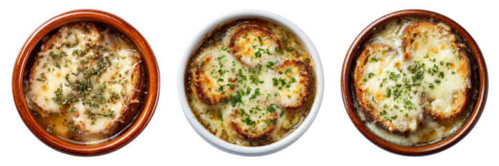Set of French onion soup with melted cheese and herbs in bowl top view isolated on a transparent background