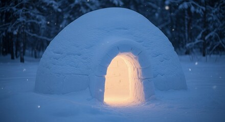 Cozy Igloo Glows Warmly in a Serene Winter Forest Landscape with Falling Snow at Night