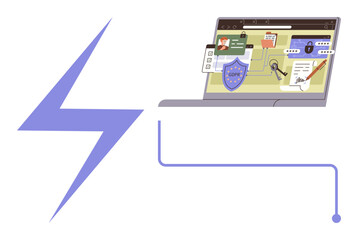 Laptop displaying security shield, lock, GDPR compliance, and secure communication icons with a lightning bolt symbol. Ideal for cybersecurity, data protection, GDPR, secure browsing, digital
