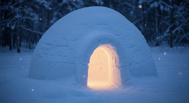 Cozy Igloo Glows Warmly in a Serene Winter Forest Landscape with Falling Snow at Night - Powered by Adobe