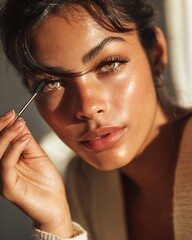 Obraz premium Latin woman close-up holding false lash applicator near eye. One eye shows before, the other after application. Lifestyle scene with minimal background.
