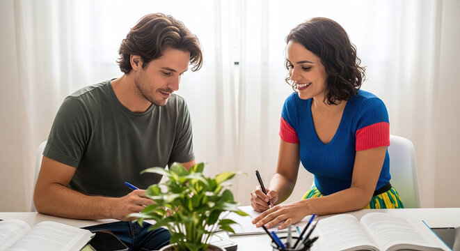 A man and woman studying together at a white desk with books and a plant in a bright room setting