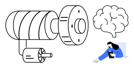 Engine system and brain symbolizing technology and intelligence with a female noting data. Ideal for innovation, technology, engineering, AI, creativity, machine learning, simple landing page