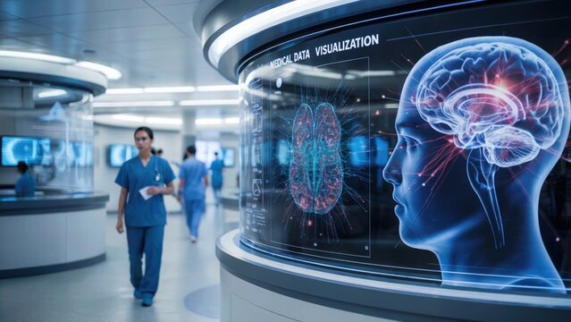 Medical staff in a futuristic hospital with medical data visualization on a transparent display screen - Powered by Adobe