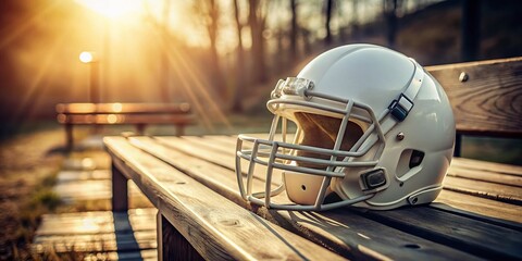 White Football Helmet on Bench: Game Day Prep, Minimalist Sports Photography
