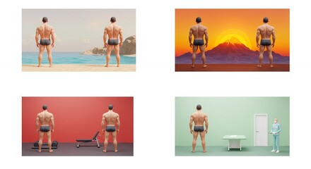 Fototapeta premium Multiple images of man back view different settings