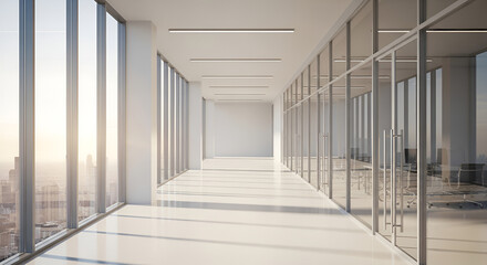 Obraz premium Modern Office Interior with Glass Walls and City View