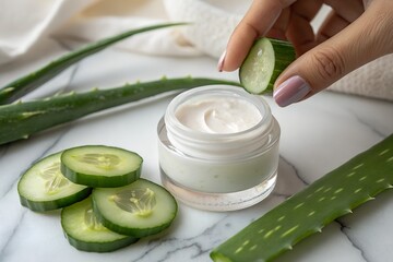 Hand applying fresh cucumber slice to jar of natural soothing aloe vera and cucumber face cream