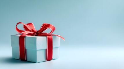Light-blue gift box with red ribbon.