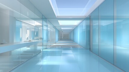 Fototapeta premium Light-filled, modern hallway with glass walls and light blue accents.