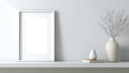 Minimalist white shelf displays a blank white frame, beige vase with dried branches, and small white vase on a book. Soft light illuminates the scene