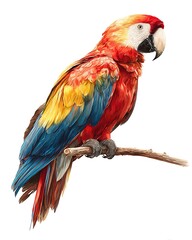 Fototapeta premium A calm parrot with vivid feathers resting on a branch. Great for tropical-themed or pet design work.