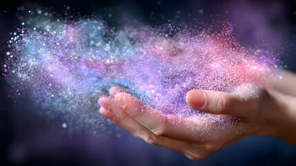 Fototapeta premium Sparkling particles held in cupped hands.
