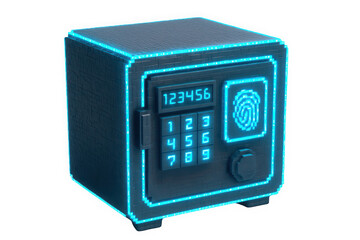 Futuristic safe with biometric fingerprint scanner and digital keypad, designed for secure storage.