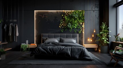 Sophisticated bedroom with dark walls, moody lighting, and minimal decor in rich textures